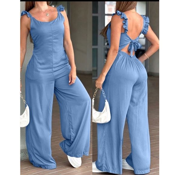 chicme Pants - NIP Blue Scoop Neck Frill Hem Spaghetti Strap Jumpsuit Size XL